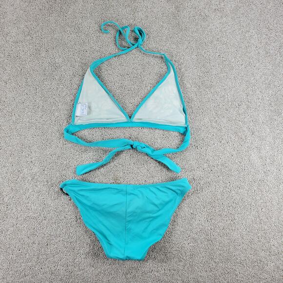 Becca Womens Bikini Large Teal Blue 2 Piece Floral Embroidered Triangle Halter - Picture 9 of 16